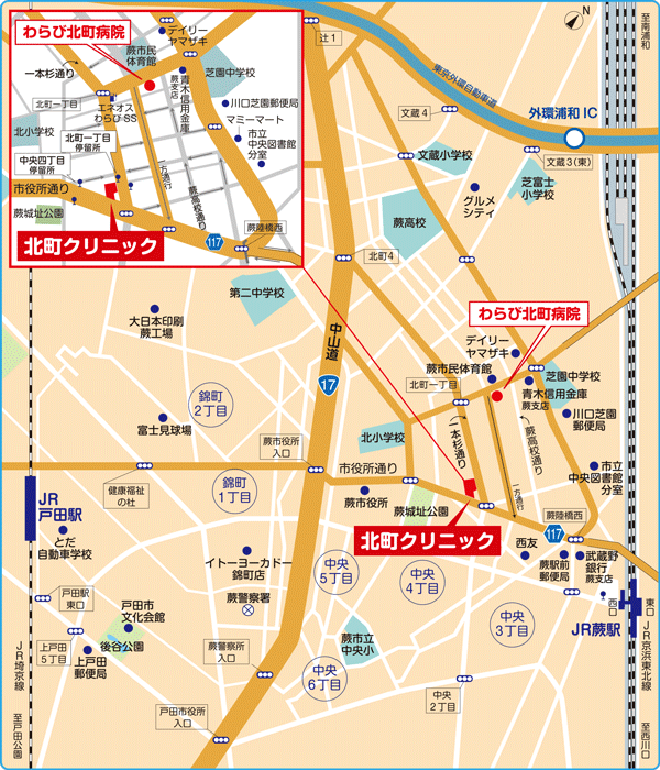 北町クリニックの地図 蕨市、川口市、戸田市
